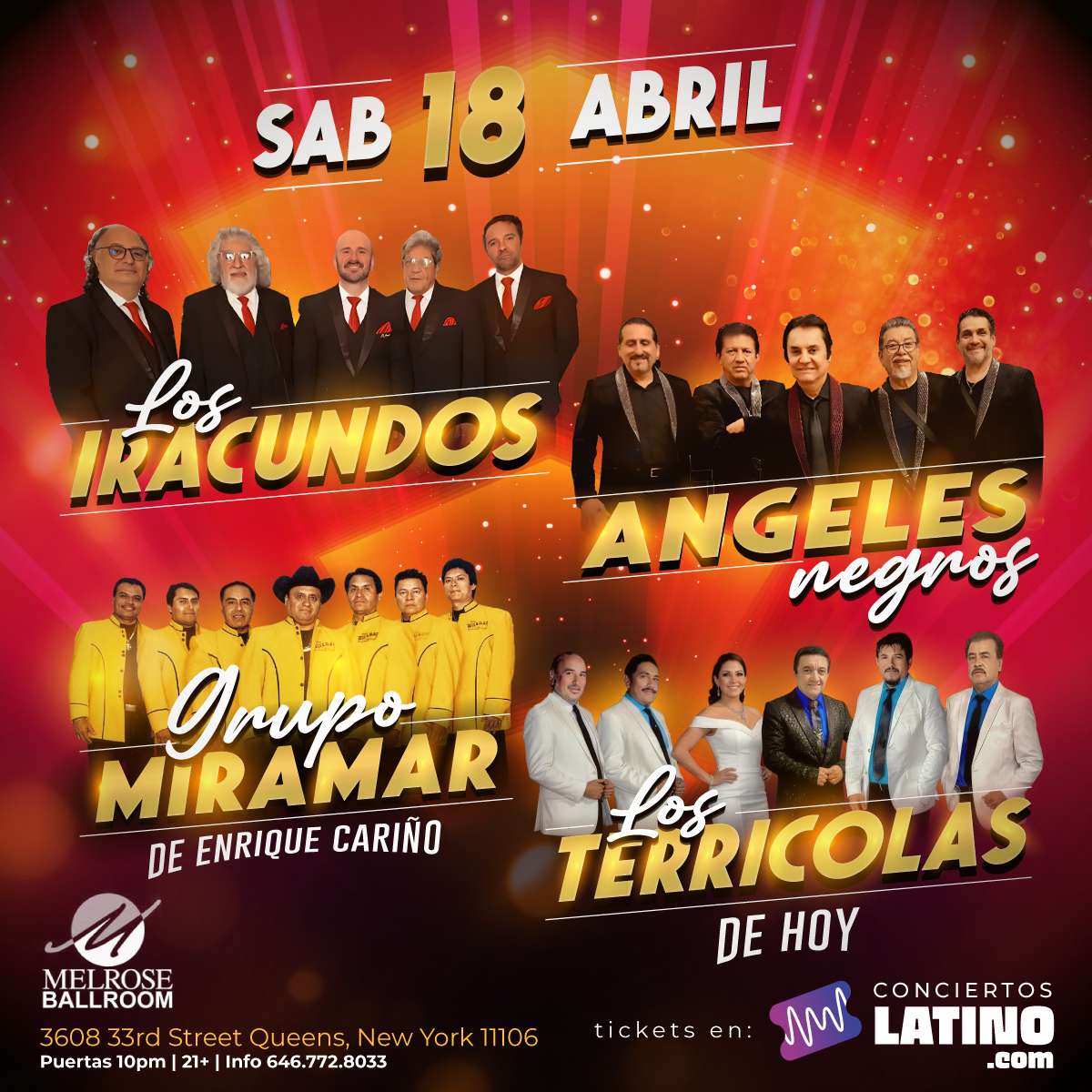 Los Iracundos, Los Angeles Negros, Miramar y Los Terricolas en Vivo en New York at Melrose Ballroom - Queens - Apr 18, 2026