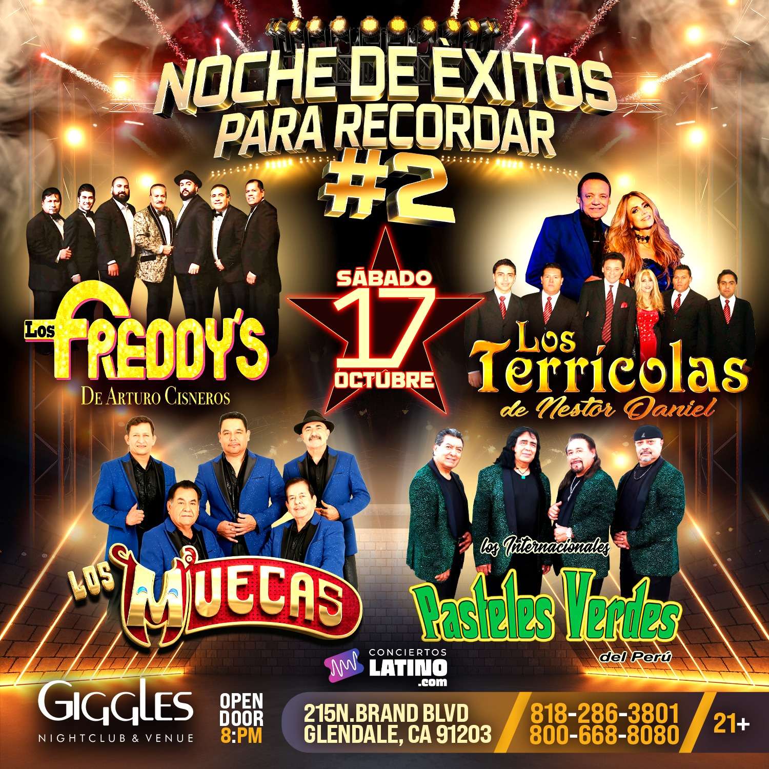 Noche de Exitos – Los Freddy’s, Los Terrícolas, Los Muecas y Los Pasteles Verdes en Los Angeles at Giggles Night Club - Glendale - Oct 17, 2026