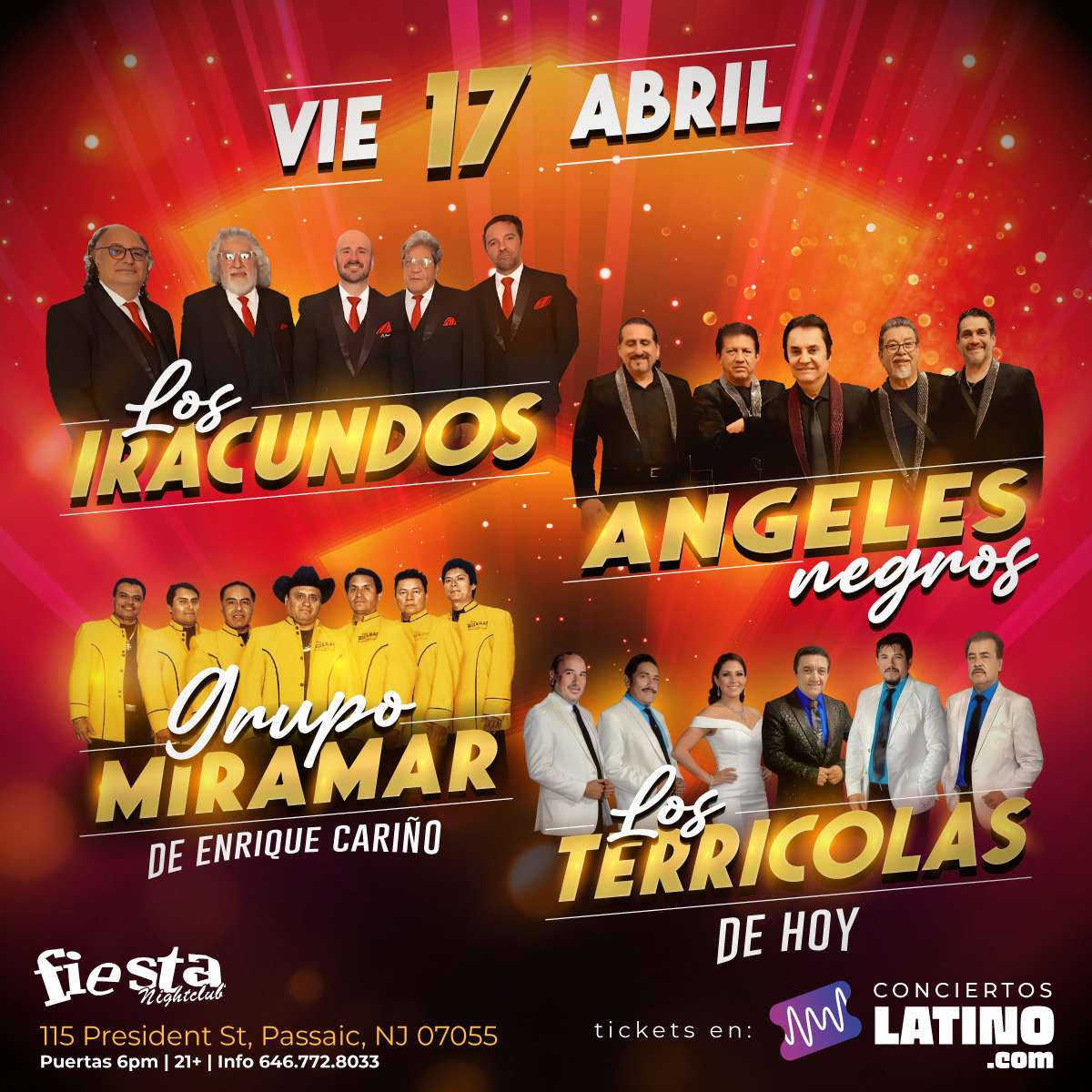 Los Iracundos, Los Angeles Negros, Miramar y Los Terricolas en Vivo en New Jersey at Fiesta Night Club - Passaic - Apr 17, 2026