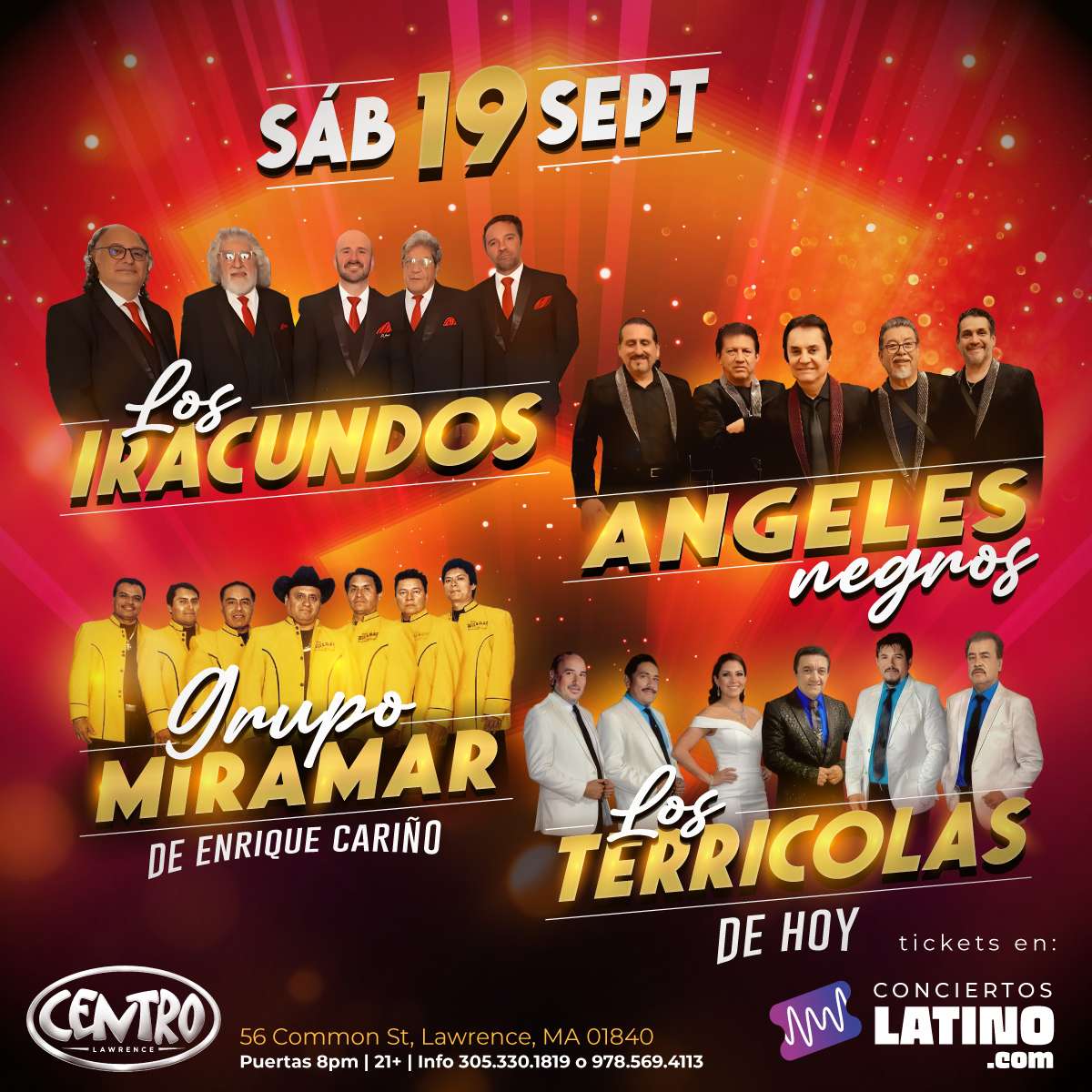 Los Iracundos, Los Angeles Negros, Miramar y Los Terricolas en Boston at Centro Night Club - Lawrence - Sep 19, 2026