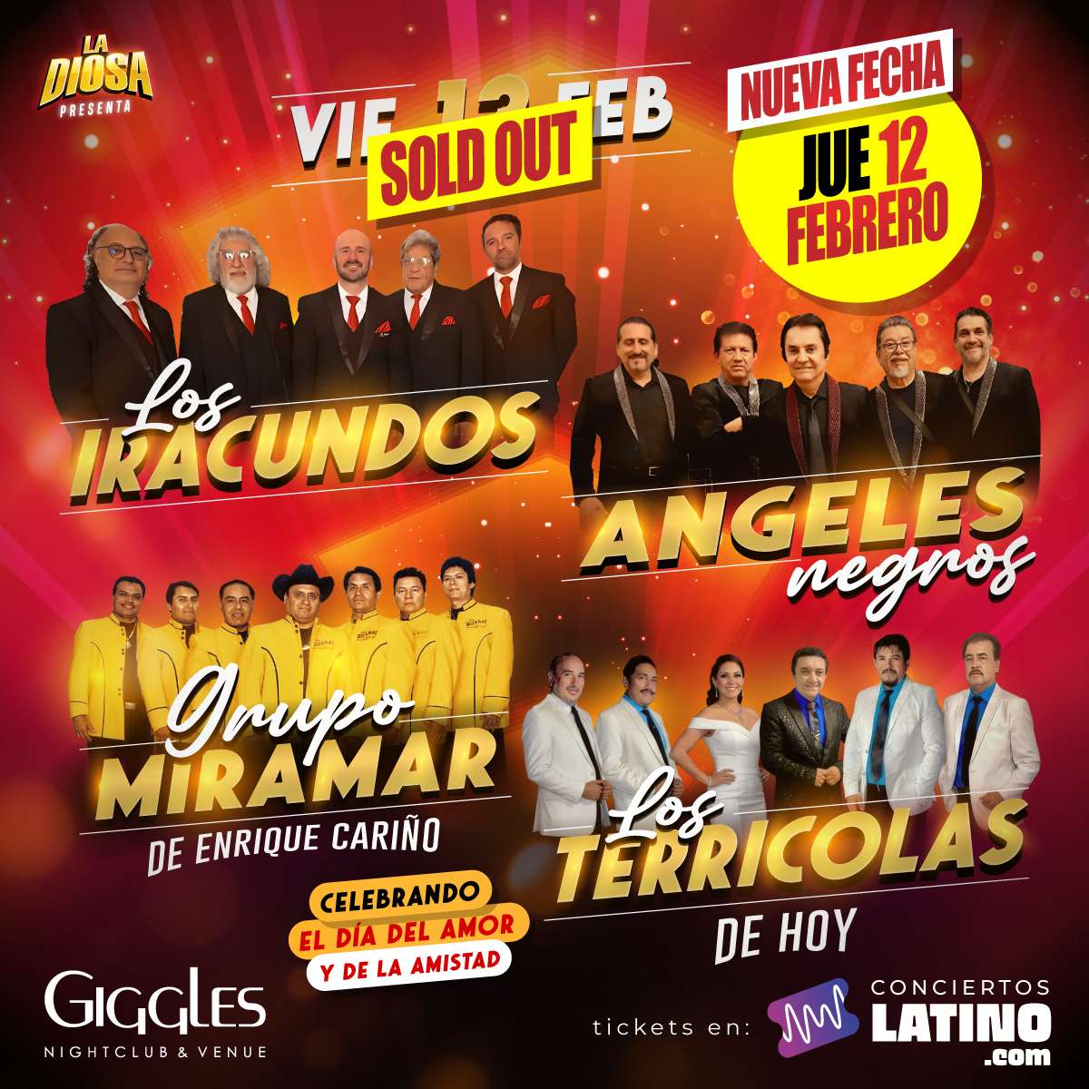 Los Iracundos, Los Angeles Negros, Miramar y Los Terricolas en Vivo en Los Angeles at Giggles Night Club - Glendale - Feb 12, 2026