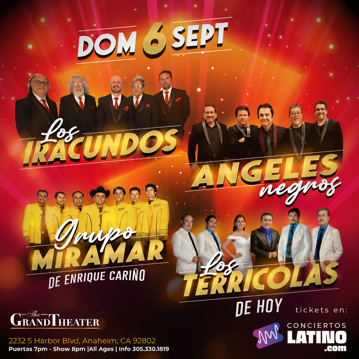 Los Iracundos, Los Angeles Negros, Miramar y Los Terricolas en Anaheim at The Grand Theater Anaheim - Anaheim - Sep 06, 2026