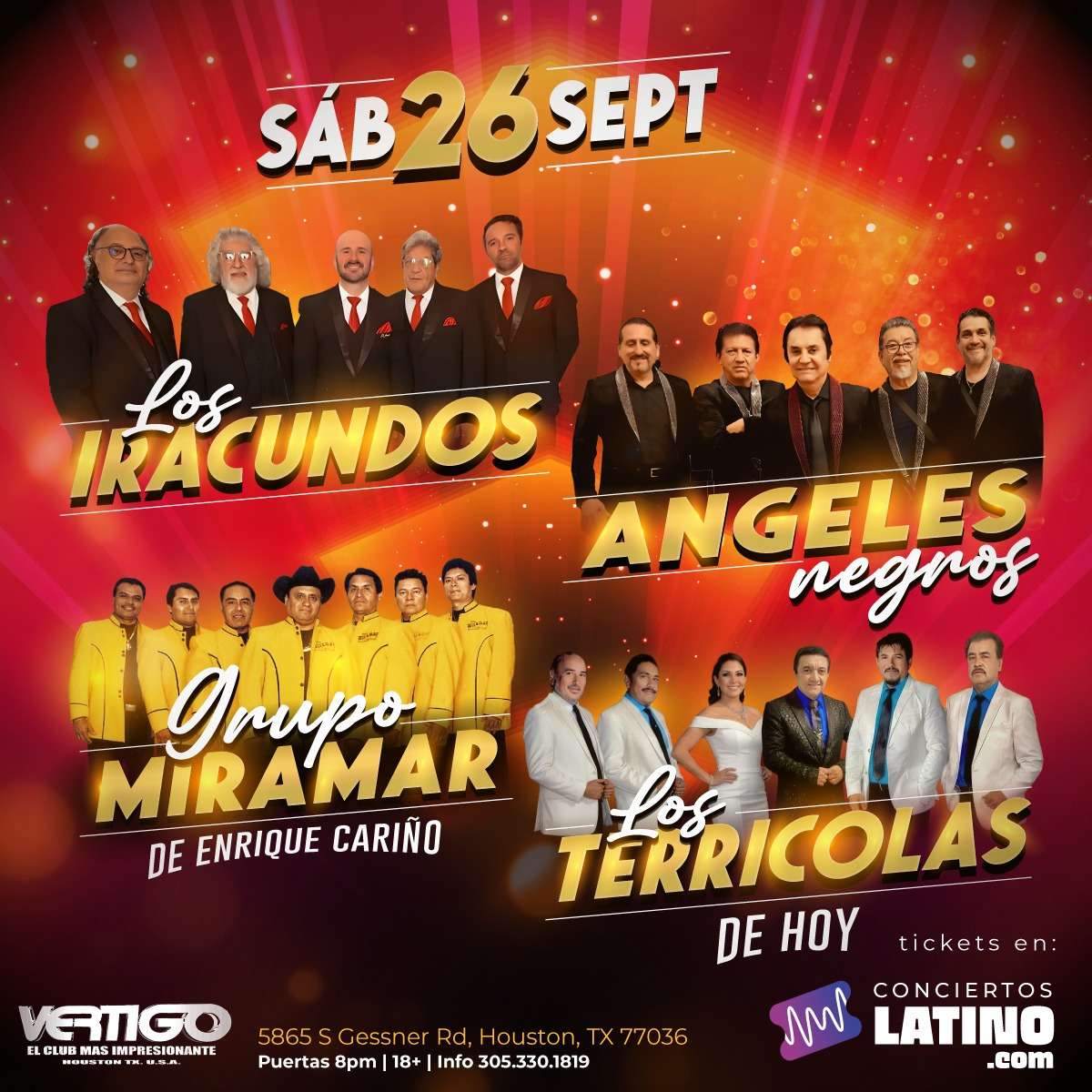 Los Iracundos, Los Angeles Negros, Miramar y Los Terricolas en Vivo en Houston at Vertigo Club - Houston - Sep 26, 2026