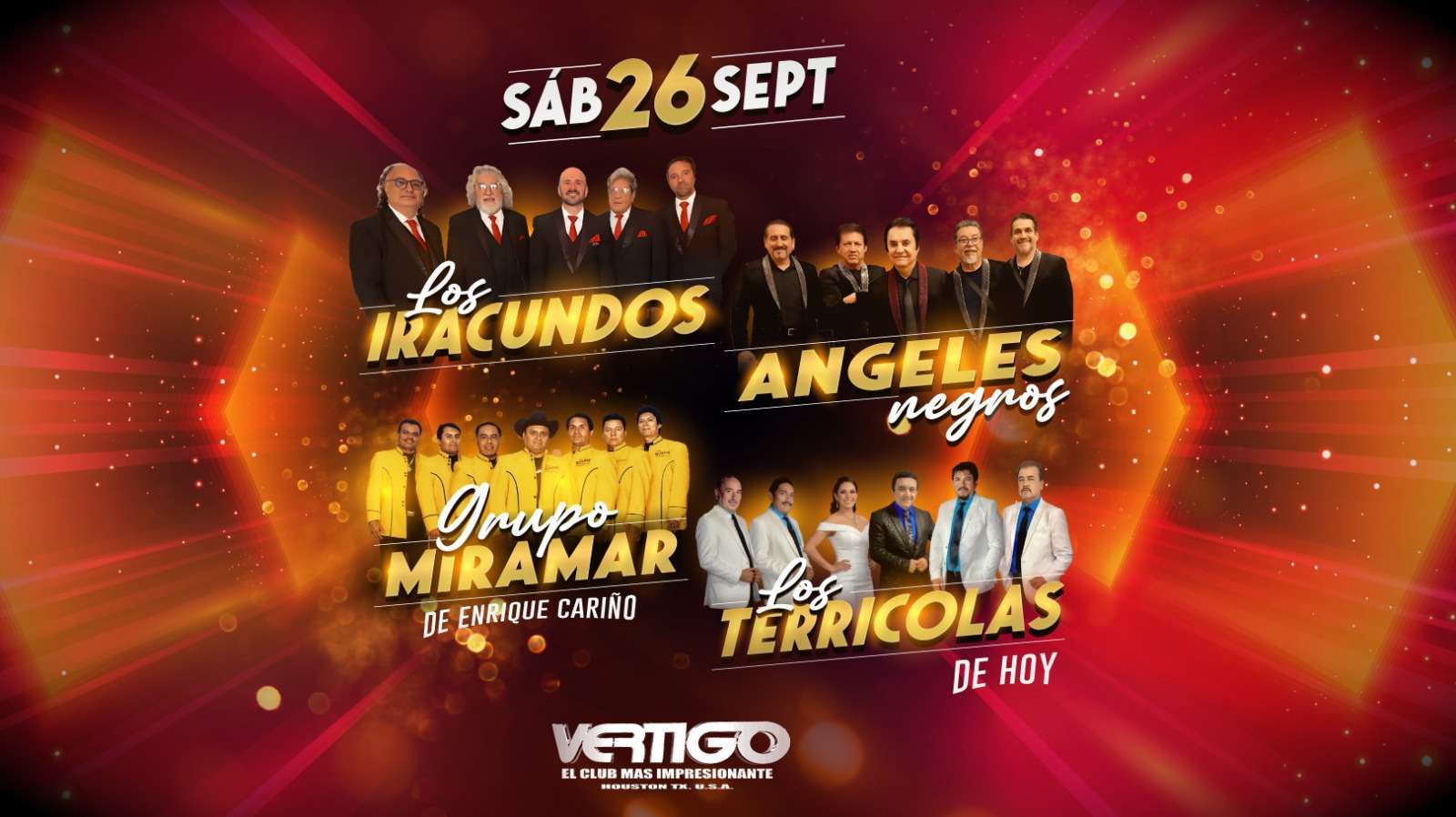 Los Iracundos, Los Angeles Negros, Miramar y Los Terricolas en Vivo en Houston at Vertigo Club - Houston - Sep 26, 2026
