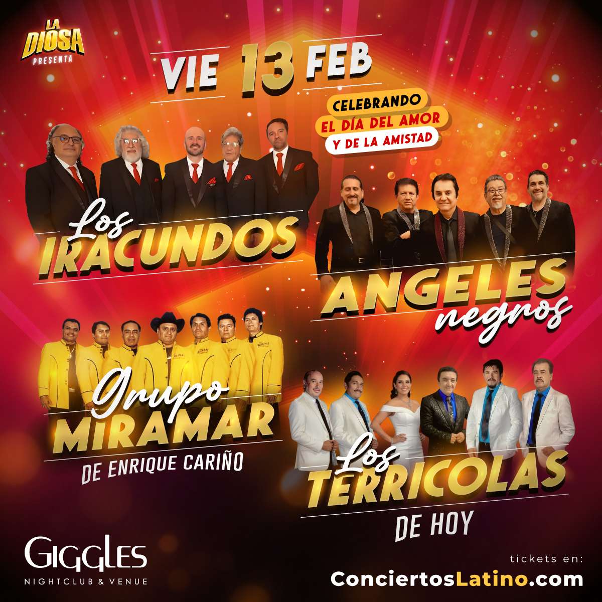 Los Iracundos, Los Angeles Negros, Miramar y Los Terricolas en Vivo en Los Angeles at Giggles Night Club - Glendale - Feb 13, 2026
