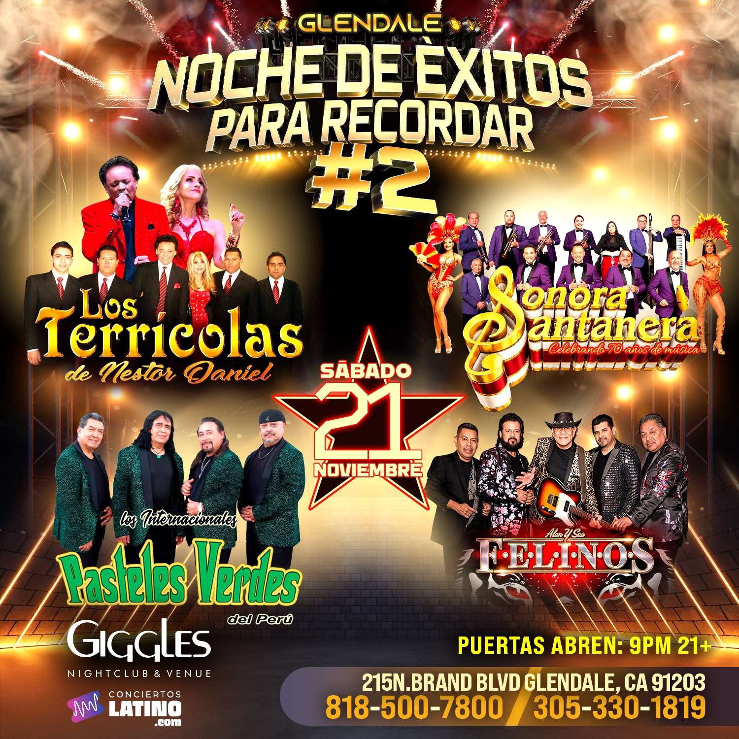 Noche de Exitos - Los Terricolas, Sonora Santanera, Los Pasteles Verdes y Alan y sus Felinos en Los Angeles at Giggles Night Club - Glendale - Nov 21, 2026