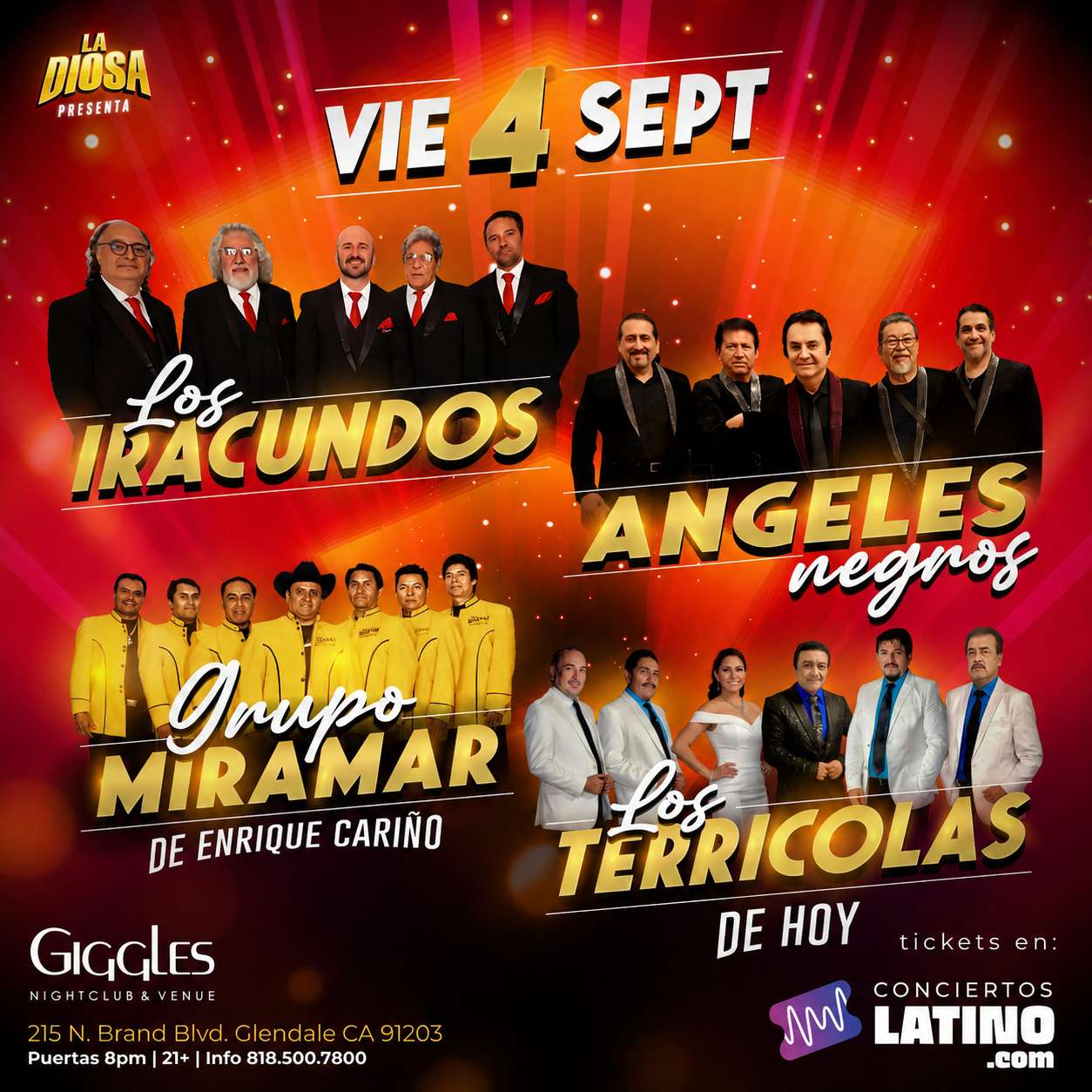 Los Iracundos, Los Angeles Negros, Miramar y Los Terricolas en Los Angeles at Giggles Night Club - Glendale - Sep 04, 2026