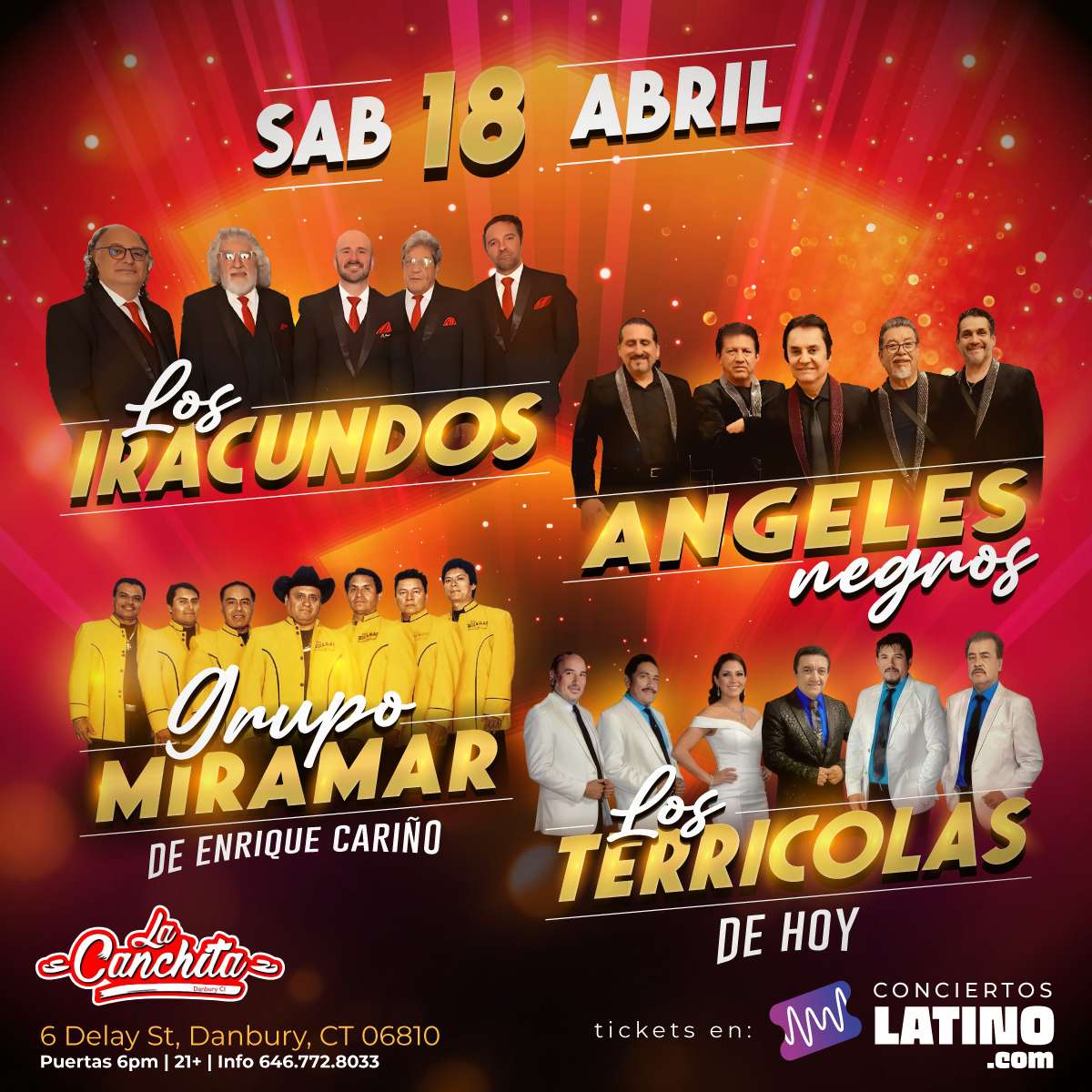 Los Iracundos, Los Angeles Negros, Miramar y Los Terricolas en Vivo en Connecticut at La Canchita Restaurant & Bar - Danbury - Apr 18, 2026
